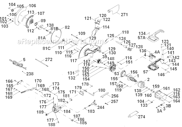 Page A Diagram and Parts List for Type 1 Porter Cable Miter Saw